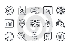 Data analysis and Research related line icon set.